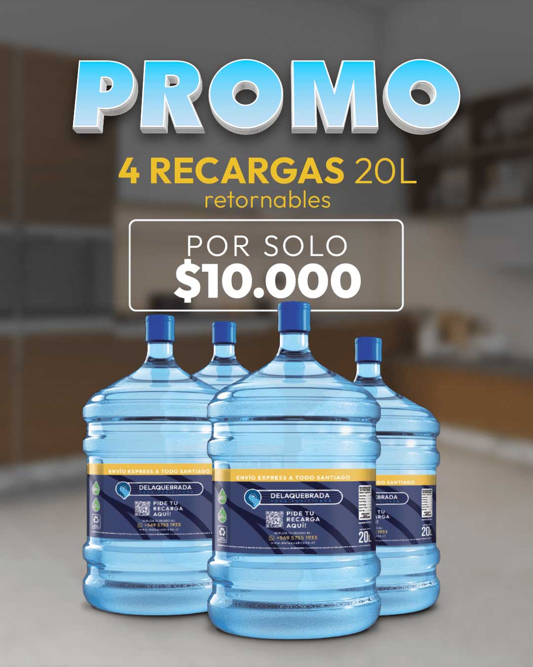 Agua Purificada a domicilio - Promoción 4 Recargas. Las Condes, Ñuñoa, Providencia. Reparto en 24 horas hábiles. Venta para Domicilios y Empresas.